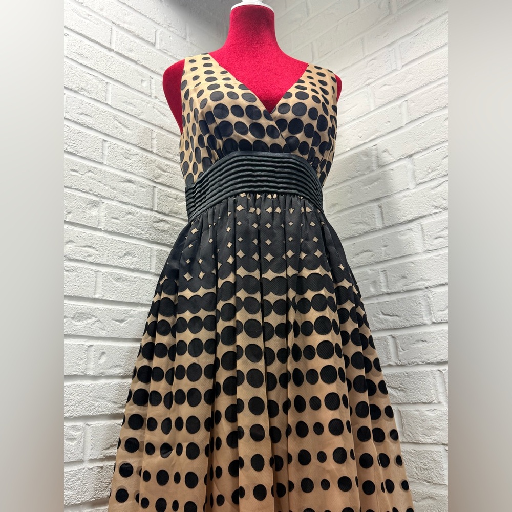 Burlapp Women’s Polka Dot Dress Size 6 Black Tan Sleeveless Empire Waist